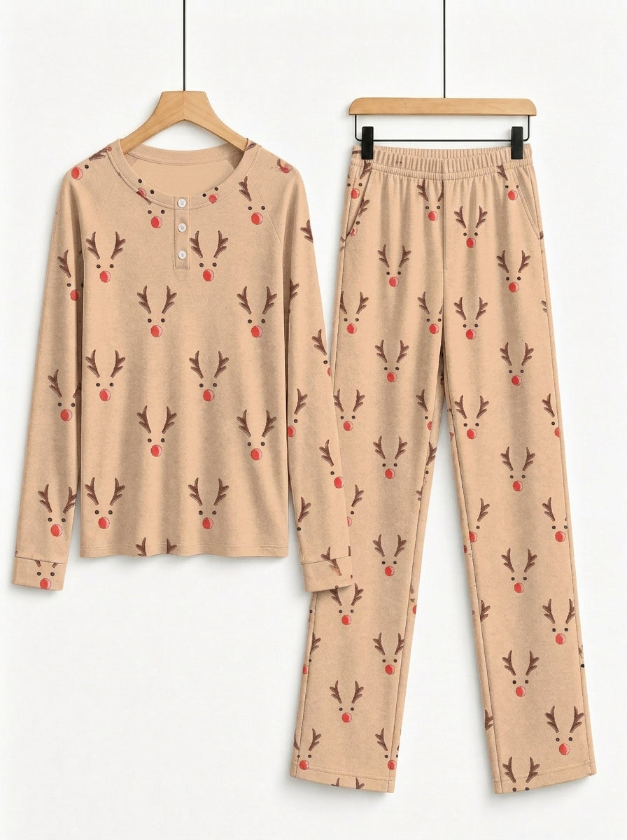 Cute Reindeer Antlers and Red Nose Print 3-Button Henley Matching Couple Christmas PJs