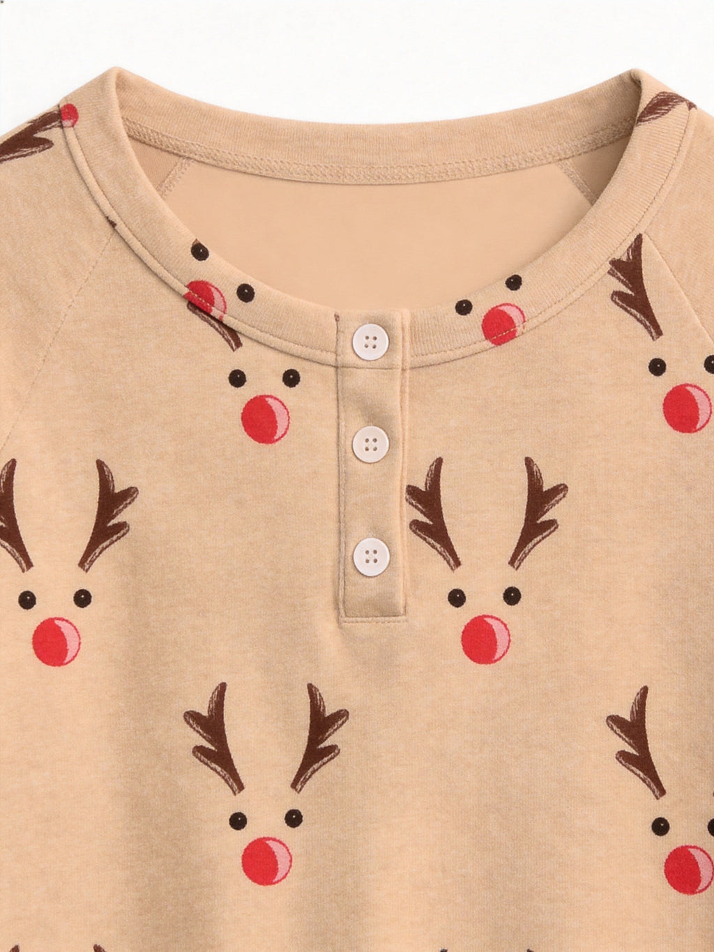 Cute Reindeer Antlers and Red Nose Print 3-Button Henley Matching Couple Christmas PJs