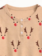 Cute Reindeer Antlers and Red Nose Print 3-Button Henley Matching Couple Christmas PJs