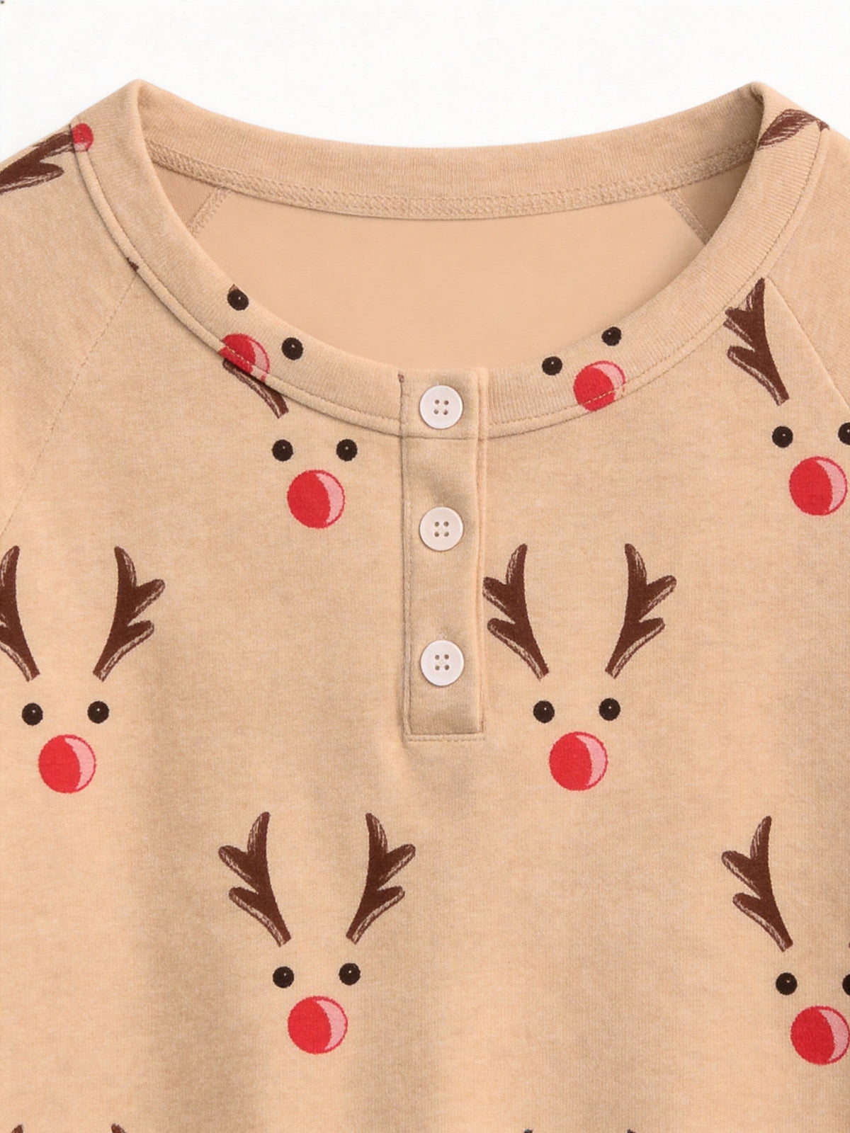 Cute Reindeer Antlers and Red Nose Print 3-Button Henley Matching Family Christmas PJs