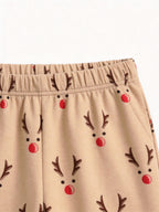Cute Reindeer Antlers and Red Nose Print 3-Button Henley Matching Couple Christmas PJs