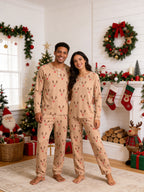 Cute Reindeer Antlers and Red Nose Print 3-Button Henley Matching Couple Christmas PJs