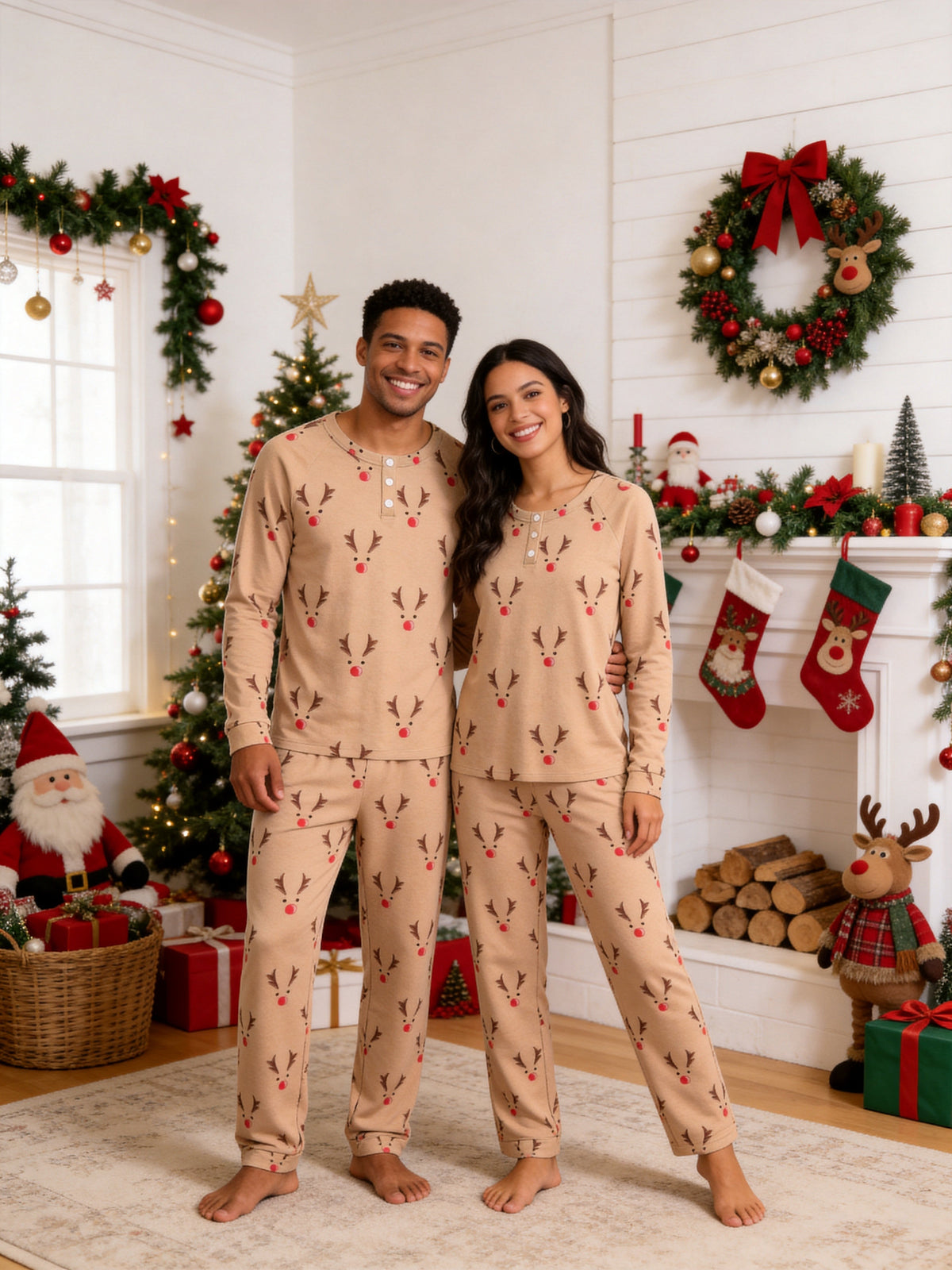 Cute Reindeer Antlers and Red Nose Print 3-Button Henley Matching Couple Christmas PJs