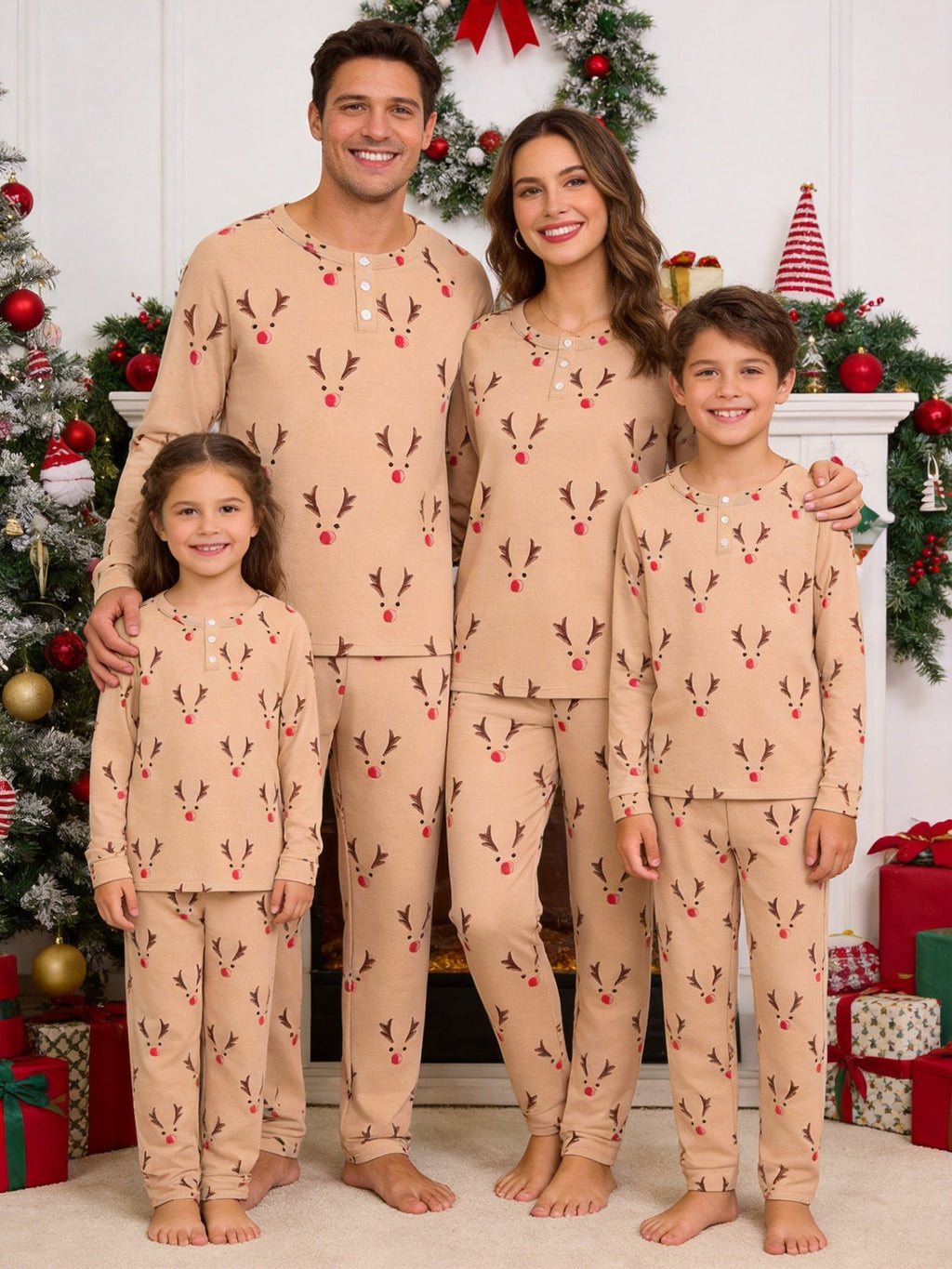 Cute Reindeer Antlers and Red Nose Print 3-Button Henley Matching Couple Christmas PJs