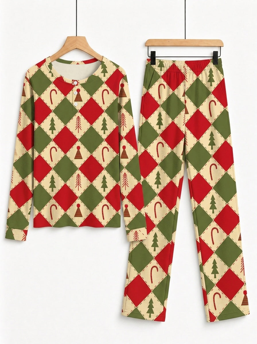 Retro Red and Green Patchwork Christmas Tree Candy Cane Print 3-Button Henley Couple Sleepwear