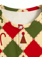 Retro Red and Green Patchwork Christmas Tree Candy Cane Print 3-Button Henley Couple Sleepwear