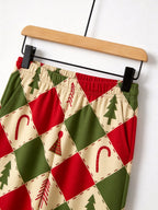Retro Red and Green Patchwork Christmas Tree Candy Cane Print 3-Button Henley Couple Sleepwear