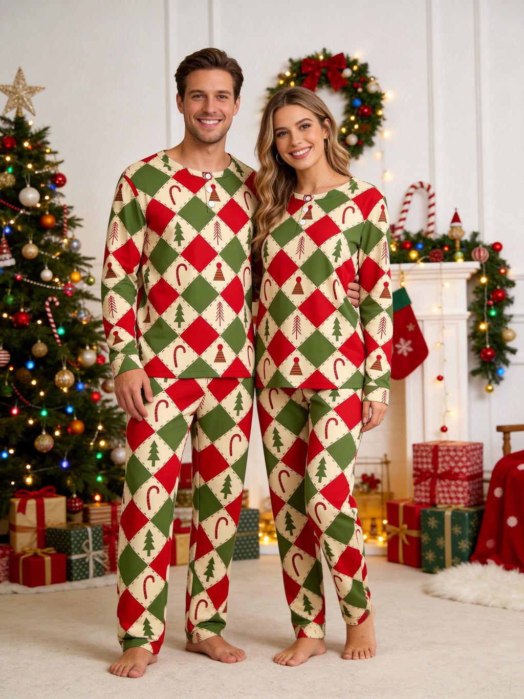 Retro Red and Green Patchwork Christmas Tree Candy Cane Print 3-Button Henley Family Sleepwear