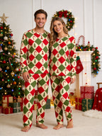 Retro Red and Green Patchwork Christmas Tree Candy Cane Print 3-Button Henley Family Sleepwear