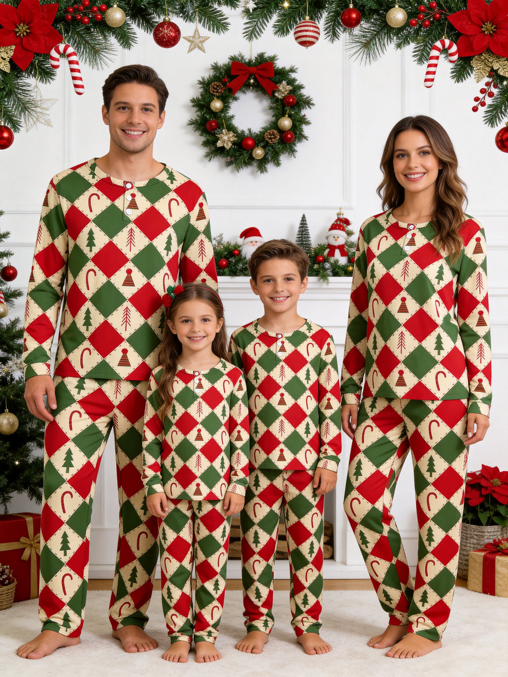 Retro Red and Green Patchwork Christmas Tree Candy Cane Print 3-Button Henley Couple Sleepwear
