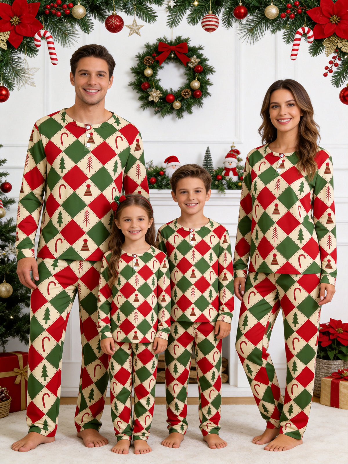 Retro Red and Green Patchwork Christmas Tree Candy Cane Print 3-Button Henley Family Sleepwear