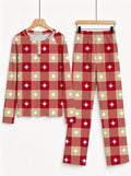 Red Checkered White Star Print 3-Button Henley Holiday Couple Pyjamas
