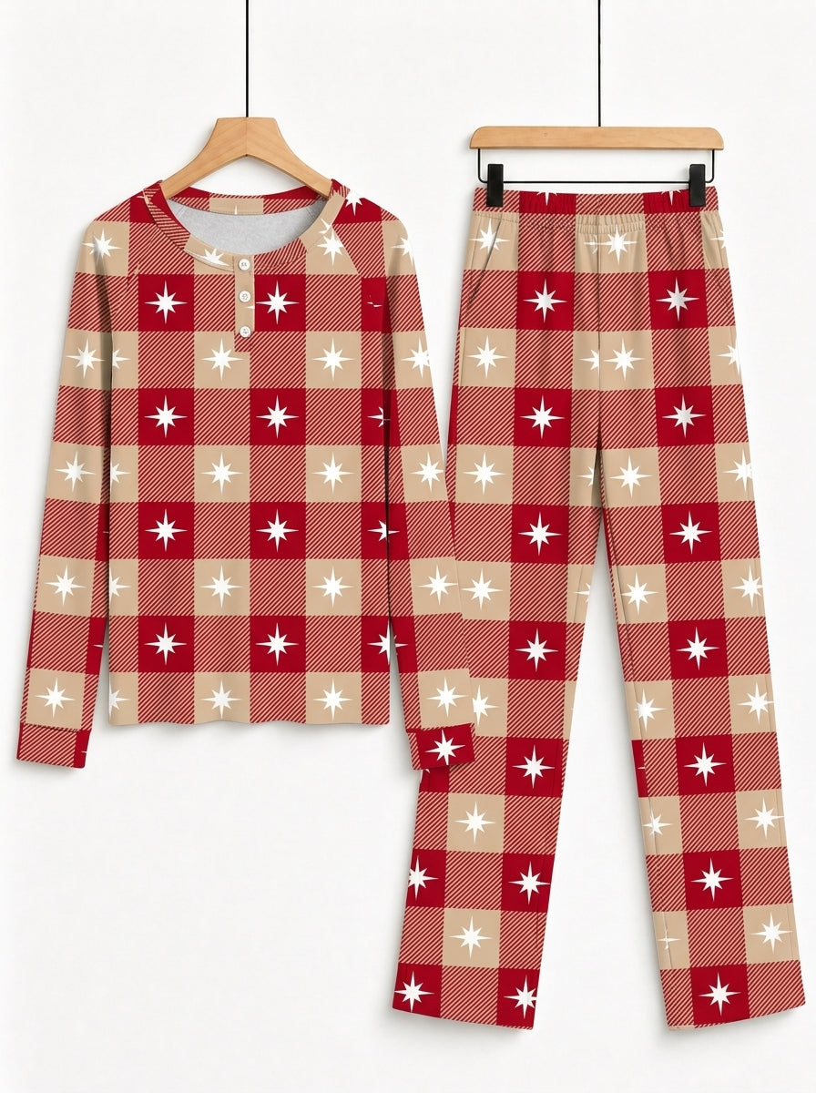 Red Checkered White Star Print 3-Button Henley Holiday Family Pyjamas