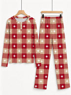 Red Checkered White Star Print 3-Button Henley Holiday Family Pyjamas