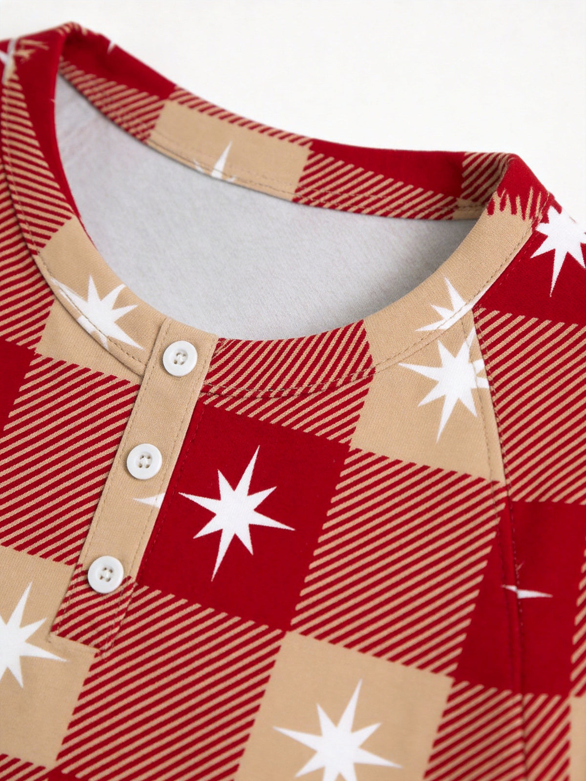 Red Checkered White Star Print 3-Button Henley Holiday Couple Pyjamas