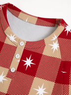 Red Checkered White Star Print 3-Button Henley Holiday Family Pyjamas