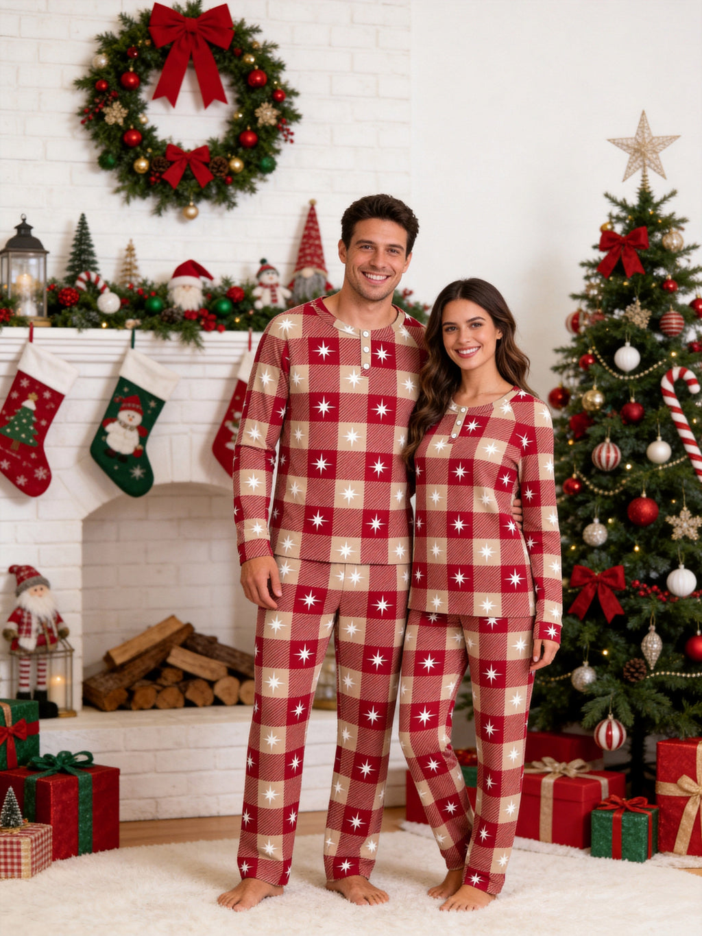 Red Checkered White Star Print 3-Button Henley Holiday Couple Pyjamas
