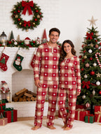 Red Checkered White Star Print 3-Button Henley Holiday Couple Pyjamas