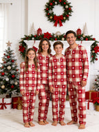 Red Checkered White Star Print 3-Button Henley Holiday Family Pyjamas