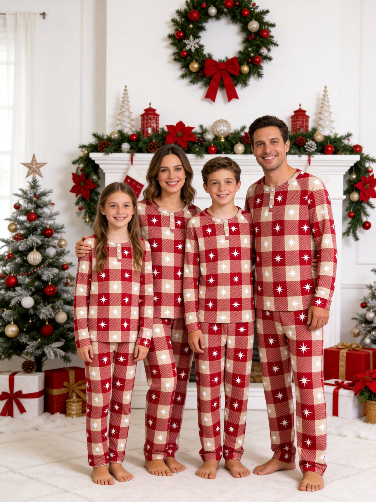 Red Checkered White Star Print 3-Button Henley Holiday Family Pyjamas