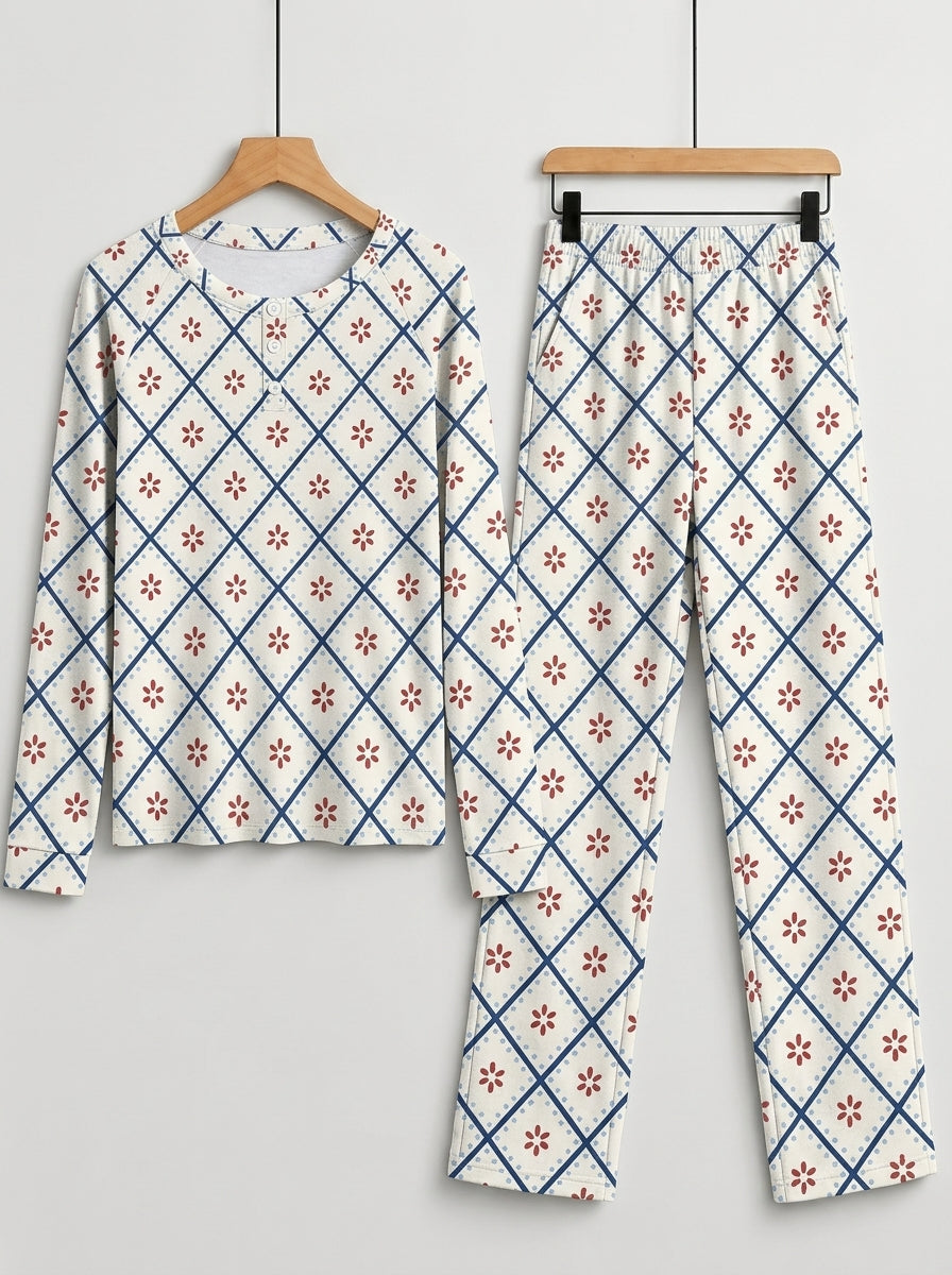 Blue and White Geometric Snowflake Diamond Print 3-Button Henley Matching Family Holiday Pajamas