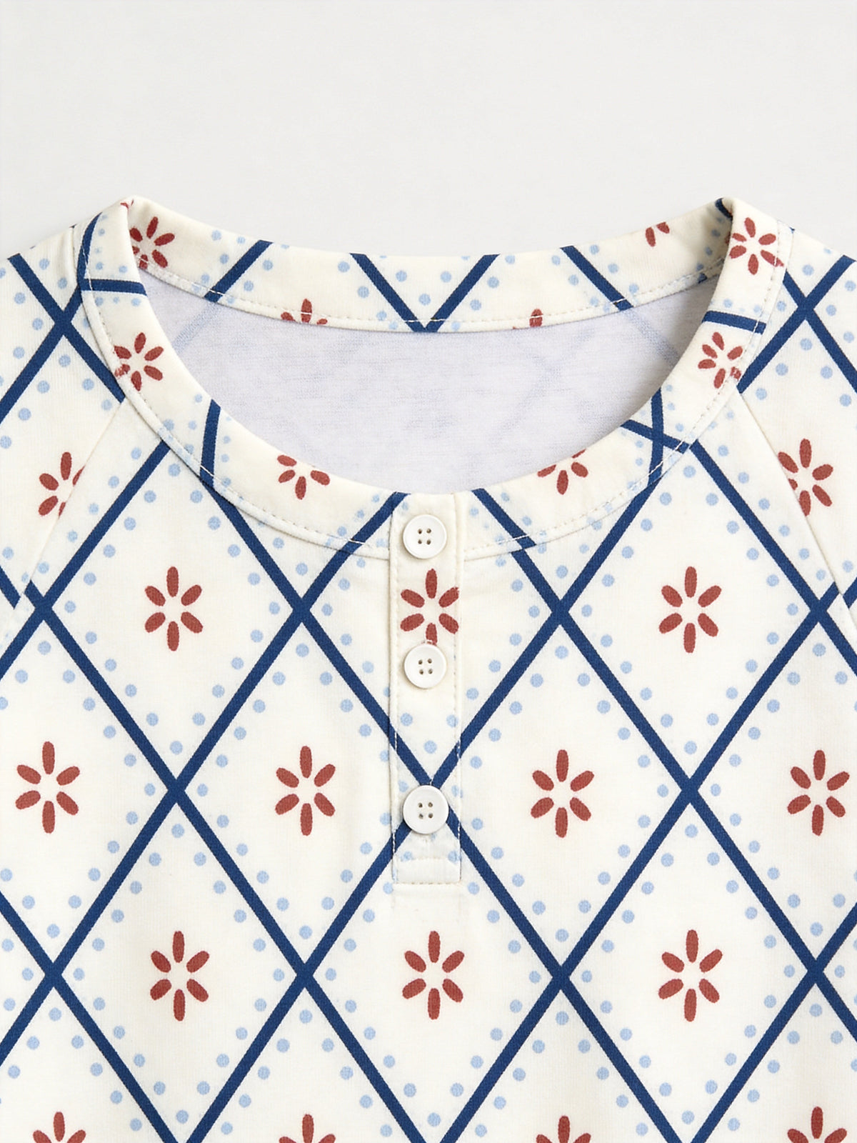 Blue and White Geometric Snowflake Diamond Print 3-Button Henley Matching Couple Holiday Pajamas
