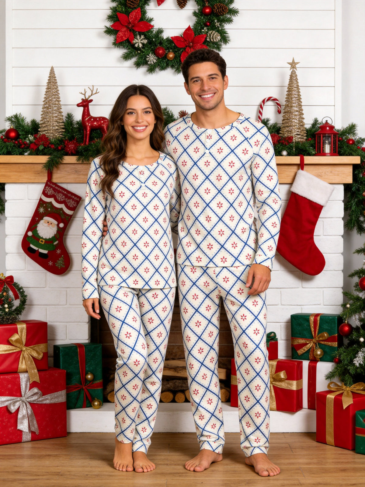 Blue and White Geometric Snowflake Diamond Print 3-Button Henley Matching Family Holiday Pajamas