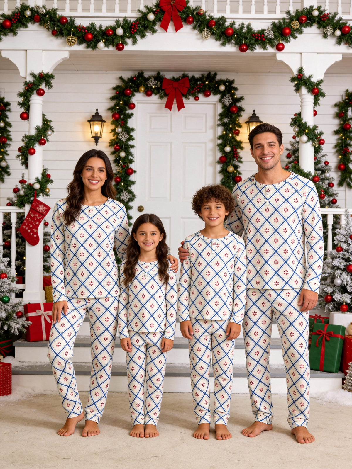 Blue and White Geometric Snowflake Diamond Print 3-Button Henley Matching Couple Holiday Pajamas