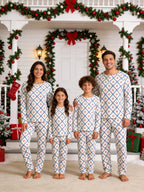 Blue and White Geometric Snowflake Diamond Print 3-Button Henley Matching Family Holiday Pajamas