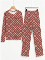 Rustic Terracotta Red Snowflake Plaid Print 3-Button Henley Family Matching Christmas Pyjamas