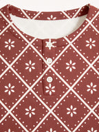 Rustic Terracotta Red Snowflake Plaid Print 3-Button Henley Couple Matching Christmas Pyjamas