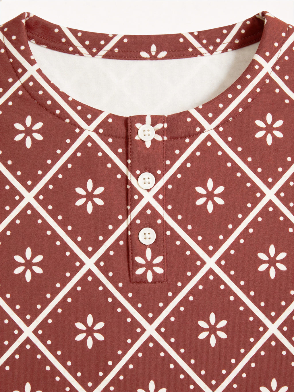 Rustic Terracotta Red Snowflake Plaid Print 3-Button Henley Family Matching Christmas Pyjamas