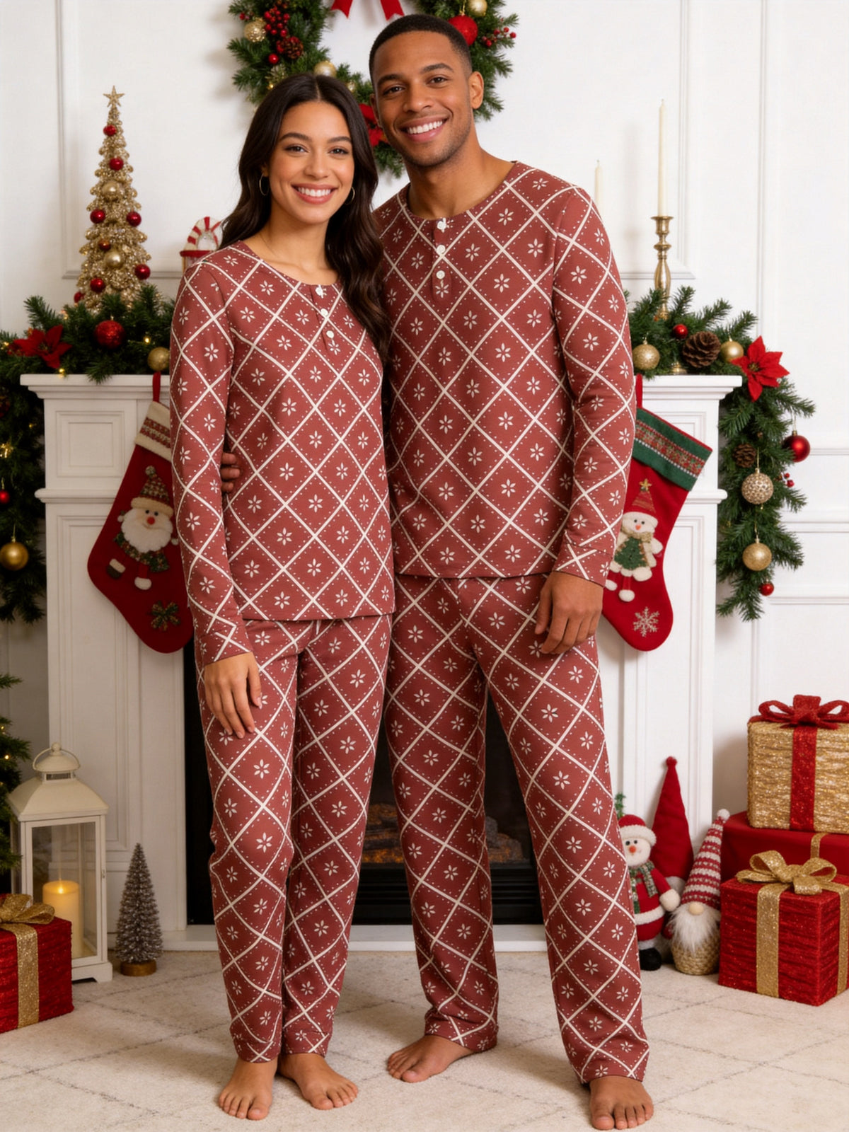 Rustic Terracotta Red Snowflake Plaid Print 3-Button Henley Family Matching Christmas Pyjamas