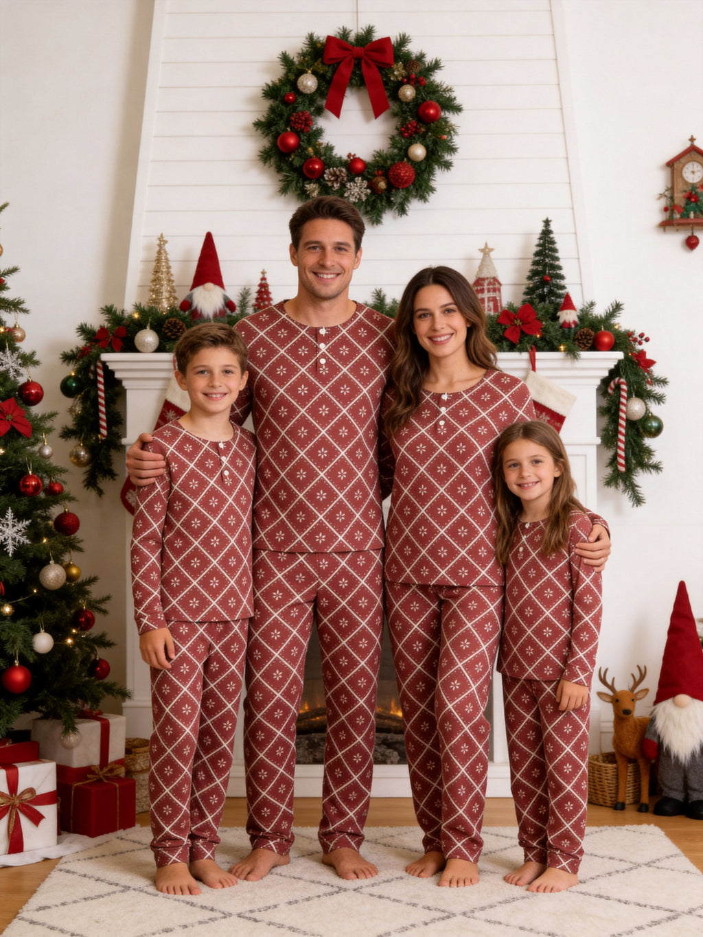 Rustic Terracotta Red Snowflake Plaid Print 3-Button Henley Family Matching Christmas Pyjamas