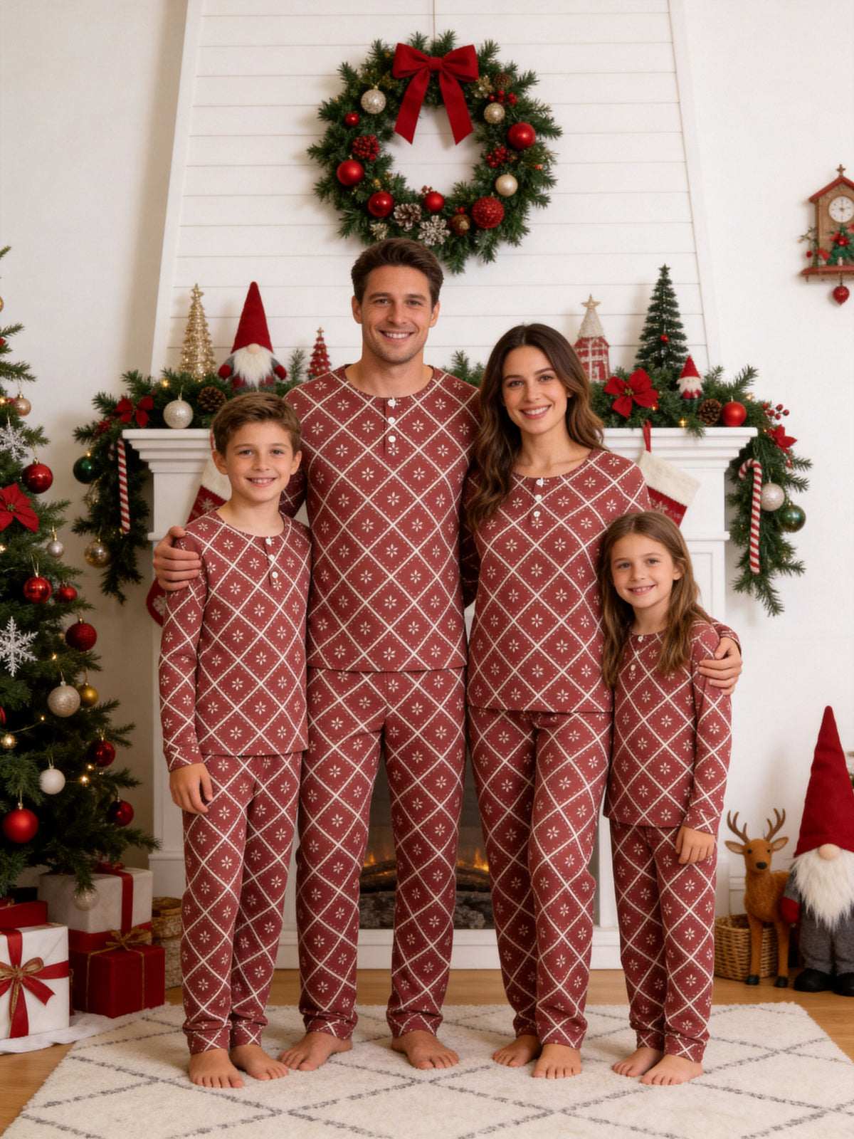 Rustic Terracotta Red Snowflake Plaid Print 3-Button Henley Family Matching Christmas Pyjamas