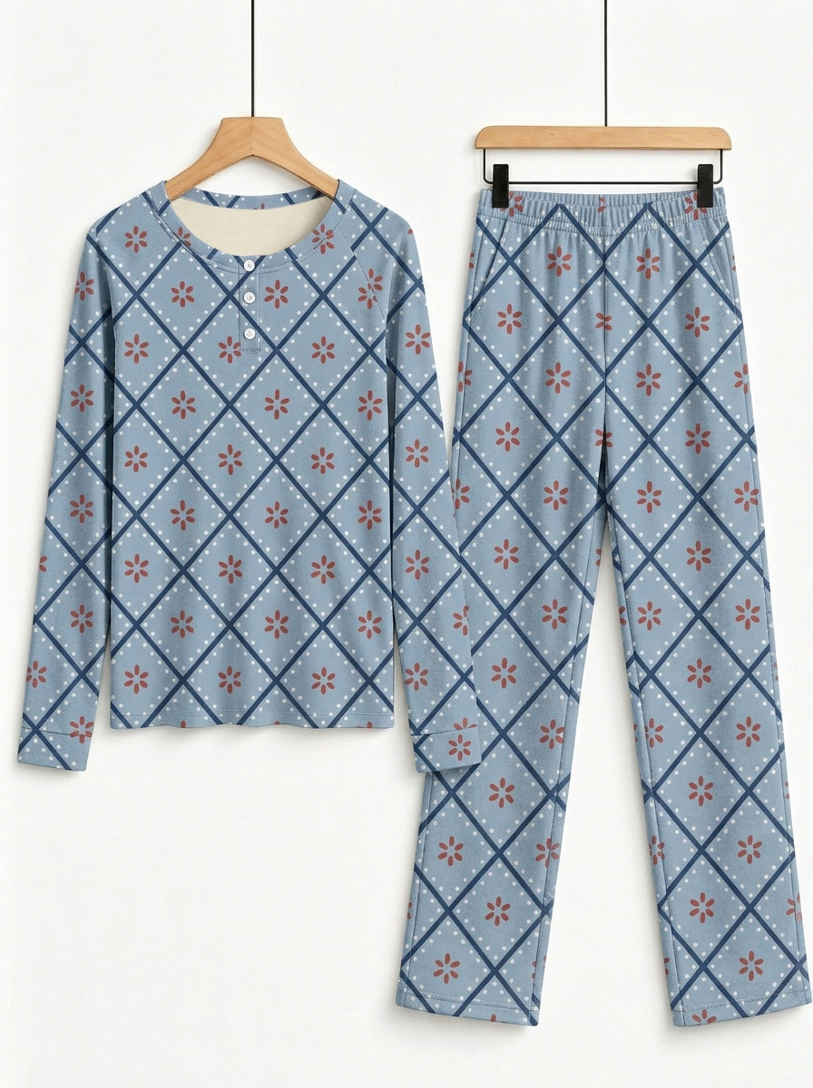 Slate Blue Diamond Snowflake Pattern Print 3-Button Henley Matching Couple Holiday Sleepwear