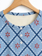 Slate Blue Diamond Snowflake Pattern Print 3-Button Henley Matching Family Holiday Sleepwear