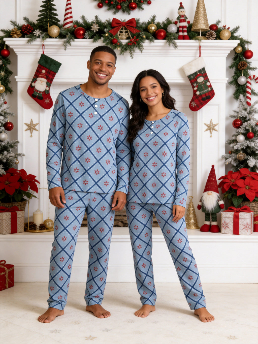 Slate Blue Diamond Snowflake Pattern Print 3-Button Henley Matching Couple Holiday Sleepwear