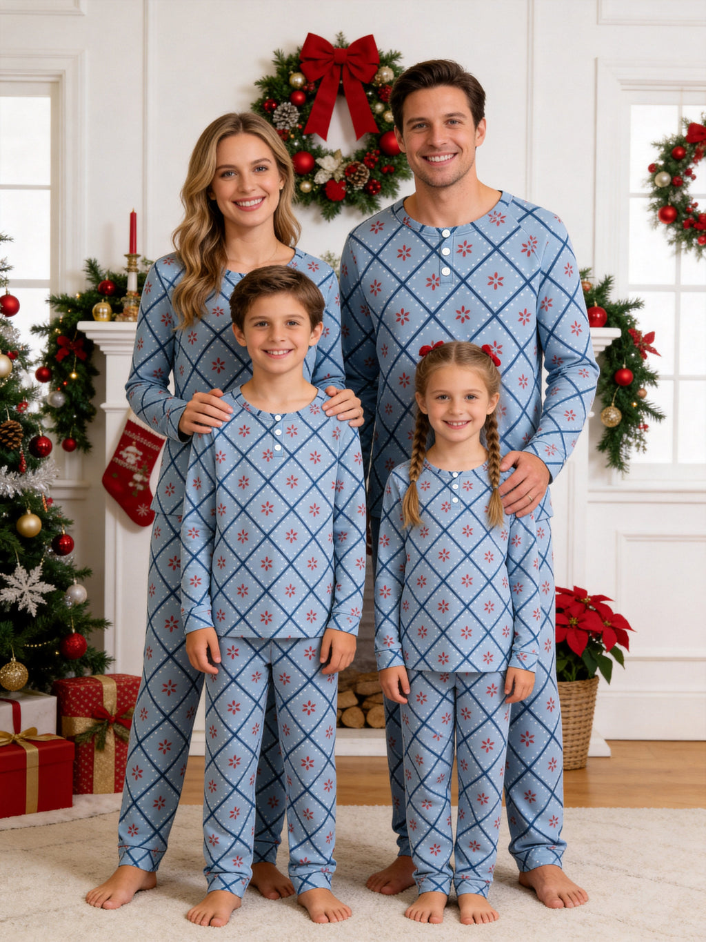 Slate Blue Diamond Snowflake Pattern Print 3-Button Henley Matching Couple Holiday Sleepwear