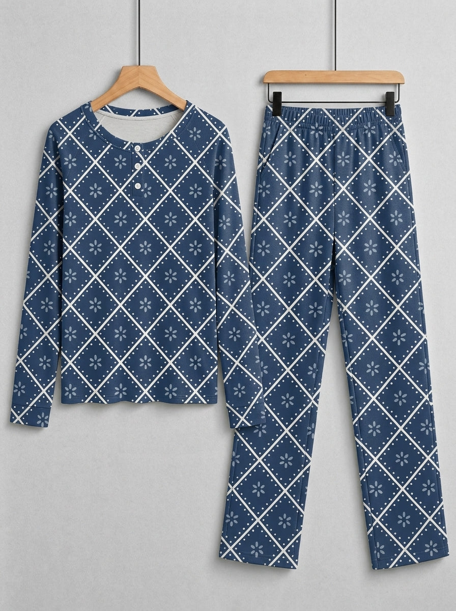 Deep Navy Blue Snowflake Quilted Print 3-Button Henley Couple Christmas Pyjamas Set