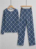 Deep Navy Blue Snowflake Quilted Print 3-Button Henley Family Christmas Pyjamas Set