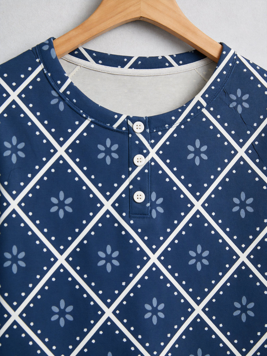 Deep Navy Blue Snowflake Quilted Print 3-Button Henley Couple Christmas Pyjamas Set