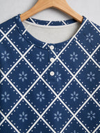 Deep Navy Blue Snowflake Quilted Print 3-Button Henley Family Christmas Pyjamas Set