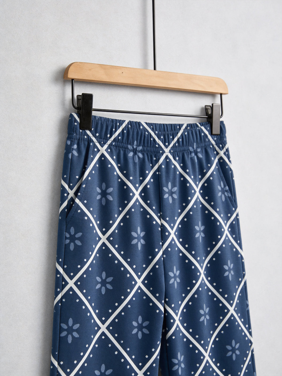 Deep Navy Blue Snowflake Quilted Print 3-Button Henley Couple Christmas Pyjamas Set