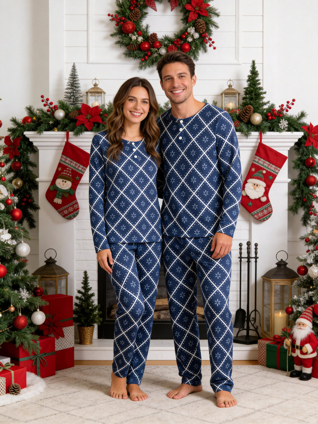 Deep Navy Blue Snowflake Quilted Print 3-Button Henley Couple Christmas Pyjamas Set