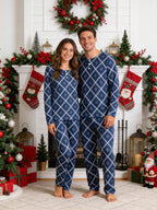 Deep Navy Blue Snowflake Quilted Print 3-Button Henley Couple Christmas Pyjamas Set