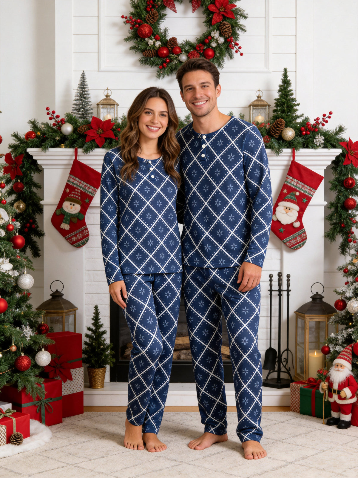 Deep Navy Blue Snowflake Quilted Print 3-Button Henley Family Christmas Pyjamas Set