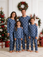 Deep Navy Blue Snowflake Quilted Print 3-Button Henley Couple Christmas Pyjamas Set
