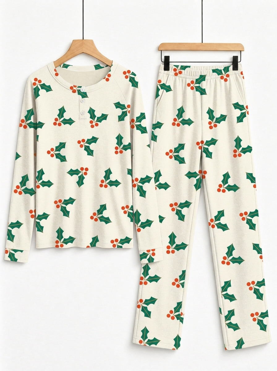 Traditional Green Holly Leaves and Red Berries Print 3-Button Henley Matching Couple Holiday Sleepwear