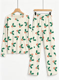Traditional Green Holly Leaves and Red Berries Print 3-Button Henley Matching Couple Holiday Sleepwear